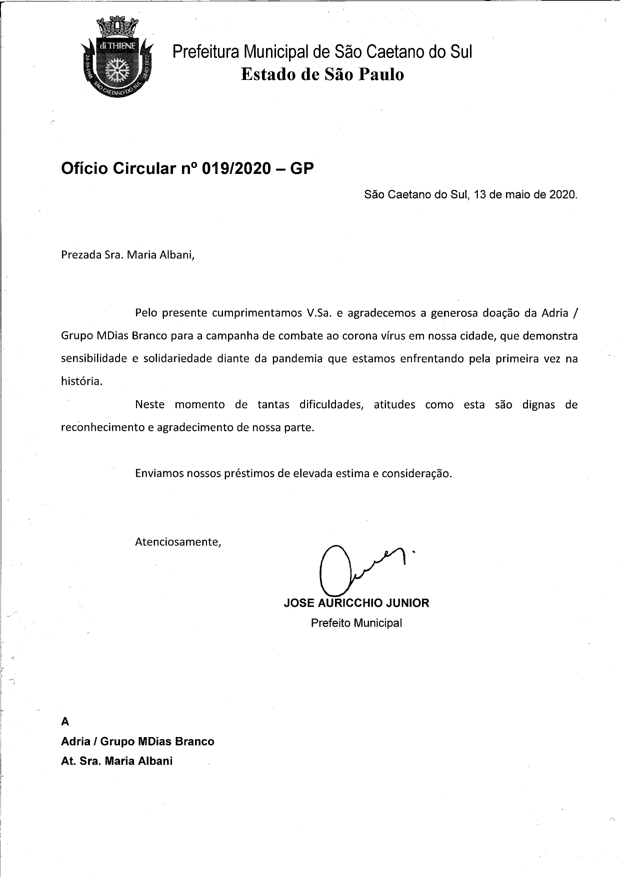 Prefeitura de São Caetano do Sul/SP agradece à M. Dias Branco por